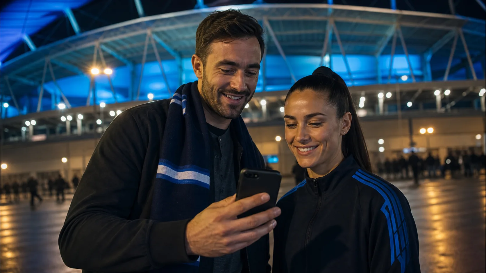 Fußballfan und Sportler nutzen ein Smartphone in einem Stadion
