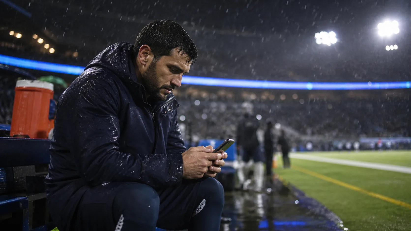 Fußballsportler überprüft neben dem Spielfeld die mobile Konnektivität