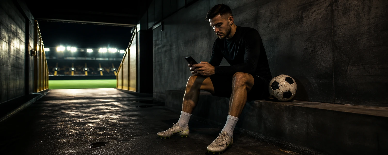 Fußballspieler nutzt eine mobile Sport-App in einem Stadiontunnel