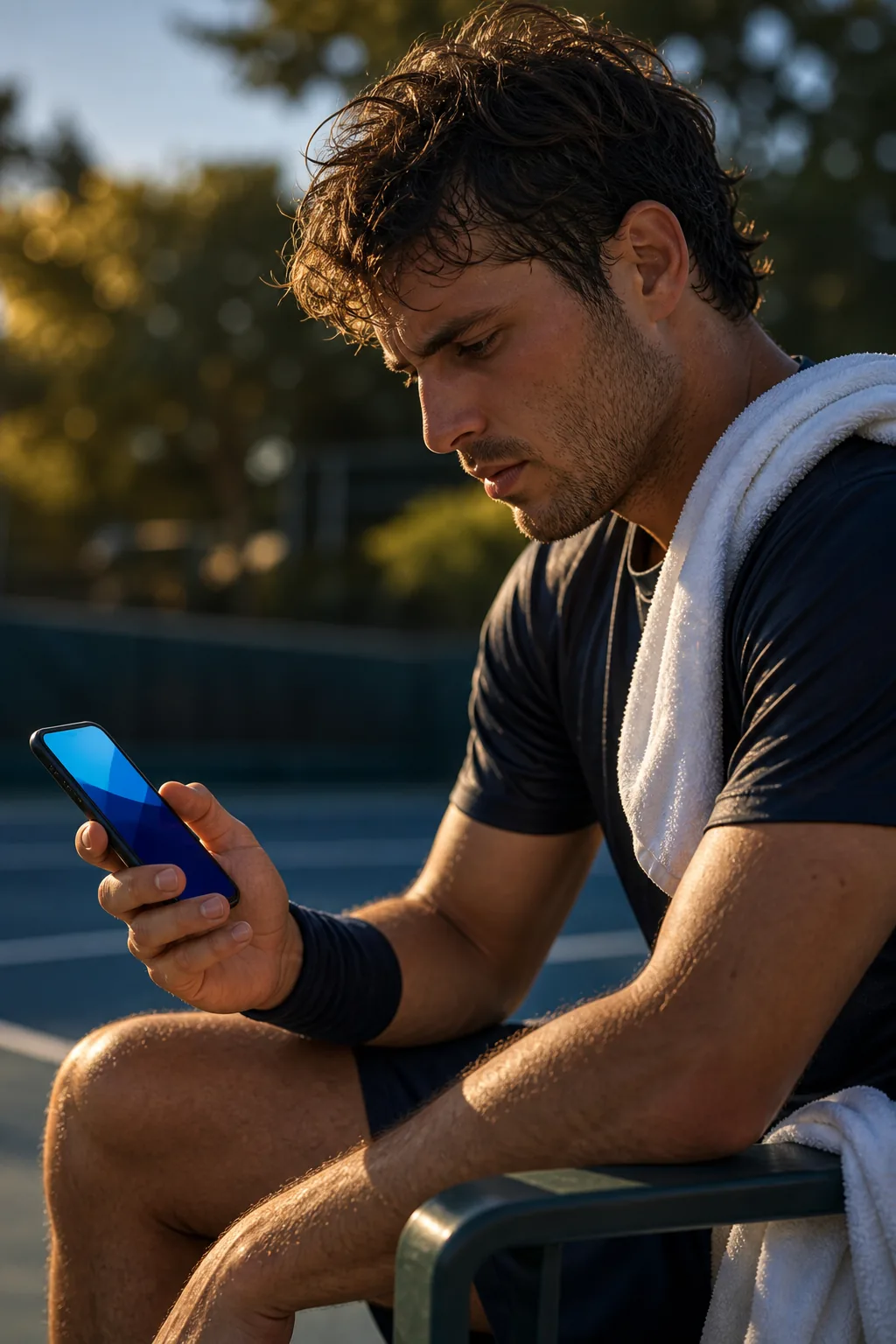 Tennissportler nutzt nach dem Training ein Smartphone