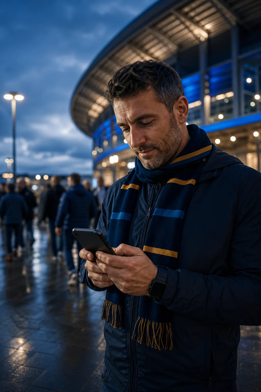 Sportfan nutzt ein Smartphone vor einem Stadion