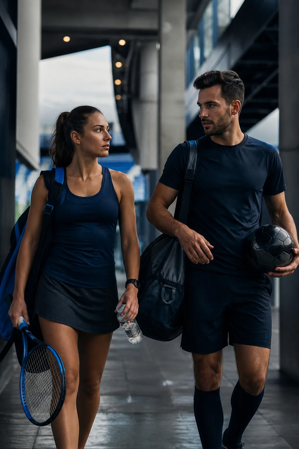 Atletas de tênis e futebol chegando a um estádio