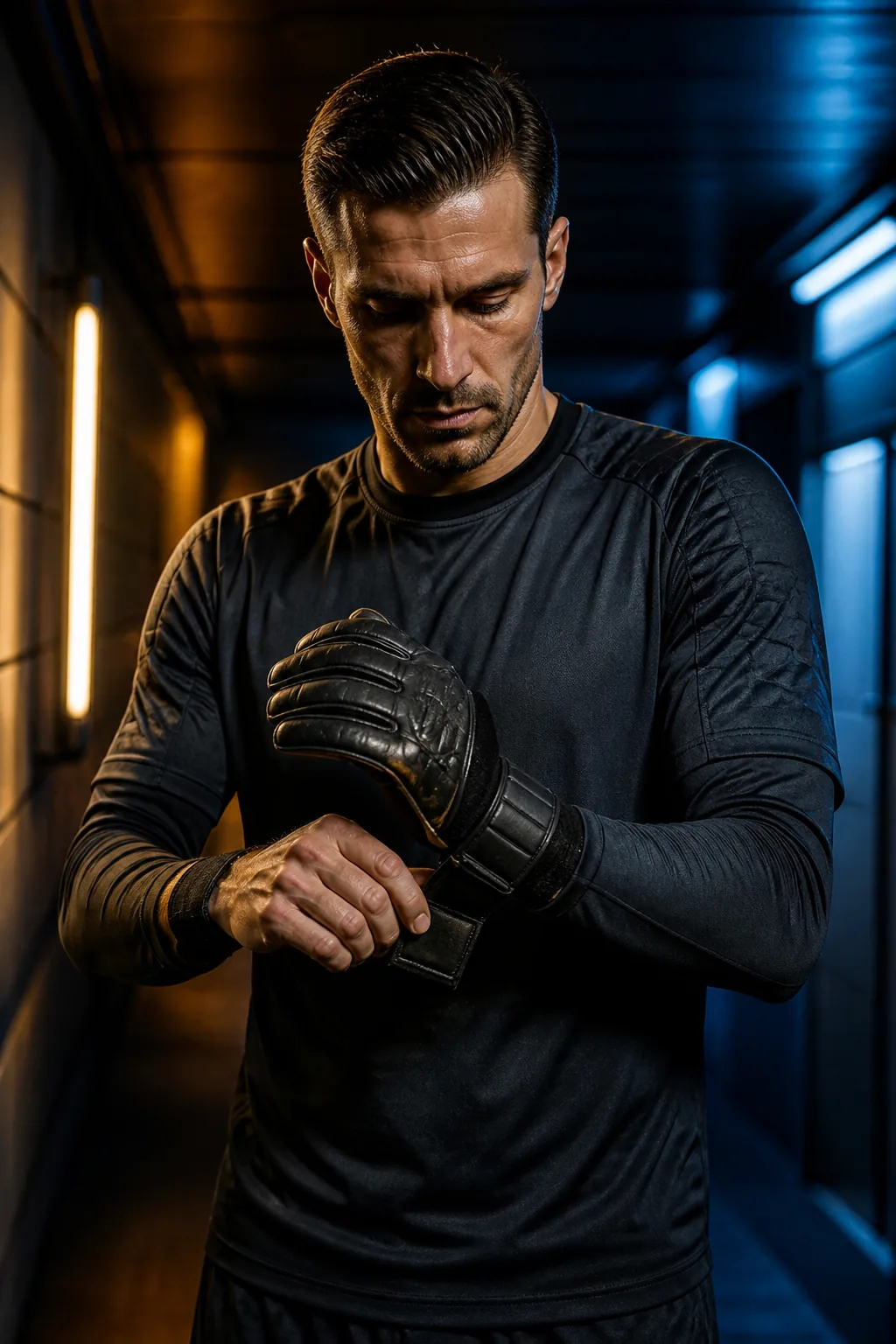 Goleiro verificando equipamento de proteção