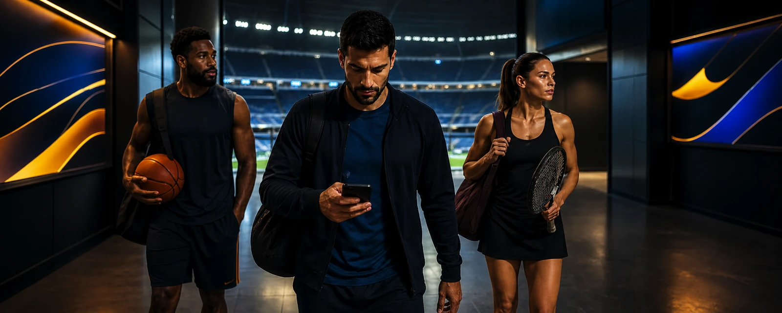 Três atletas andando pelo corredor do estádio