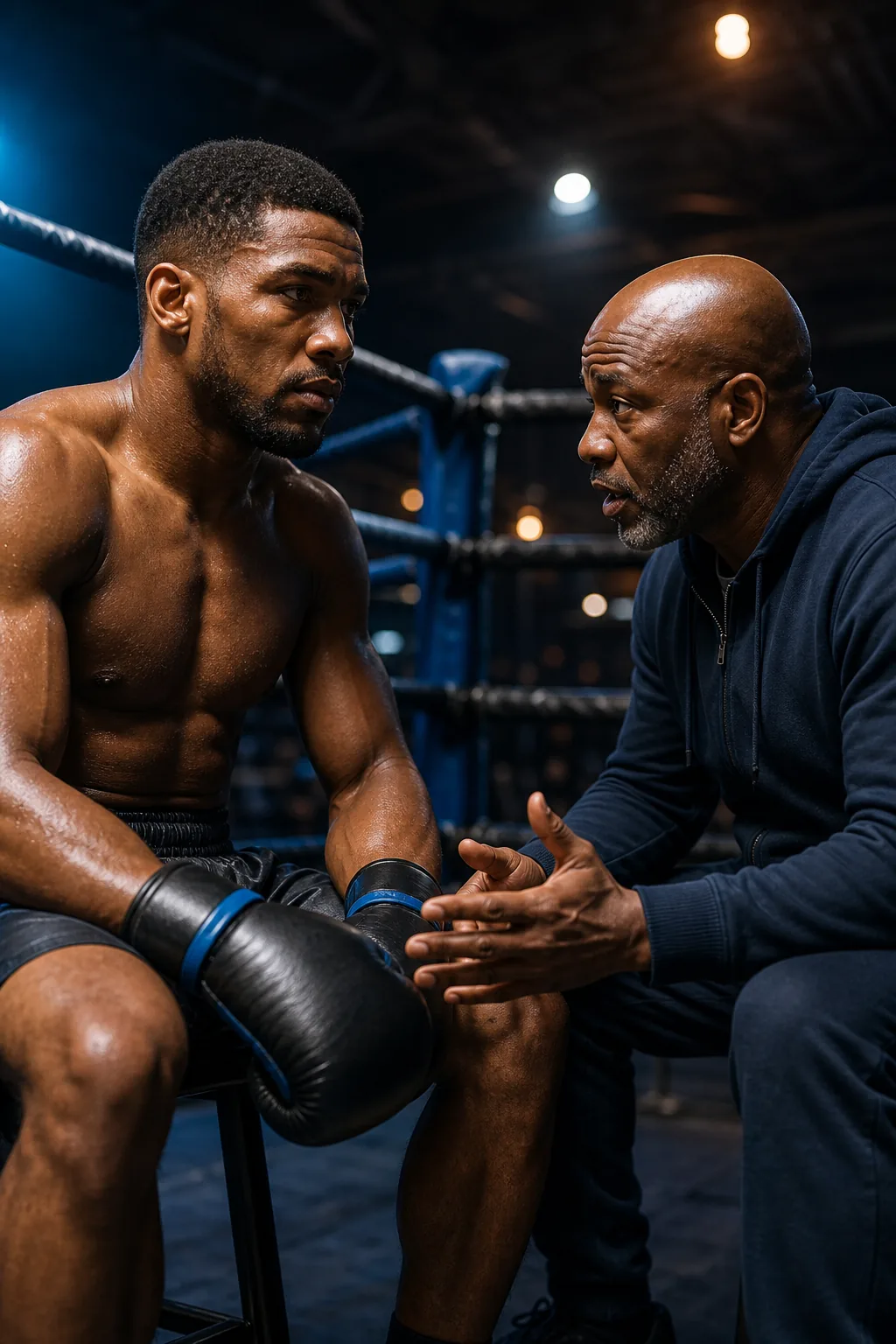 Boxeador e treinador discutindo condições
