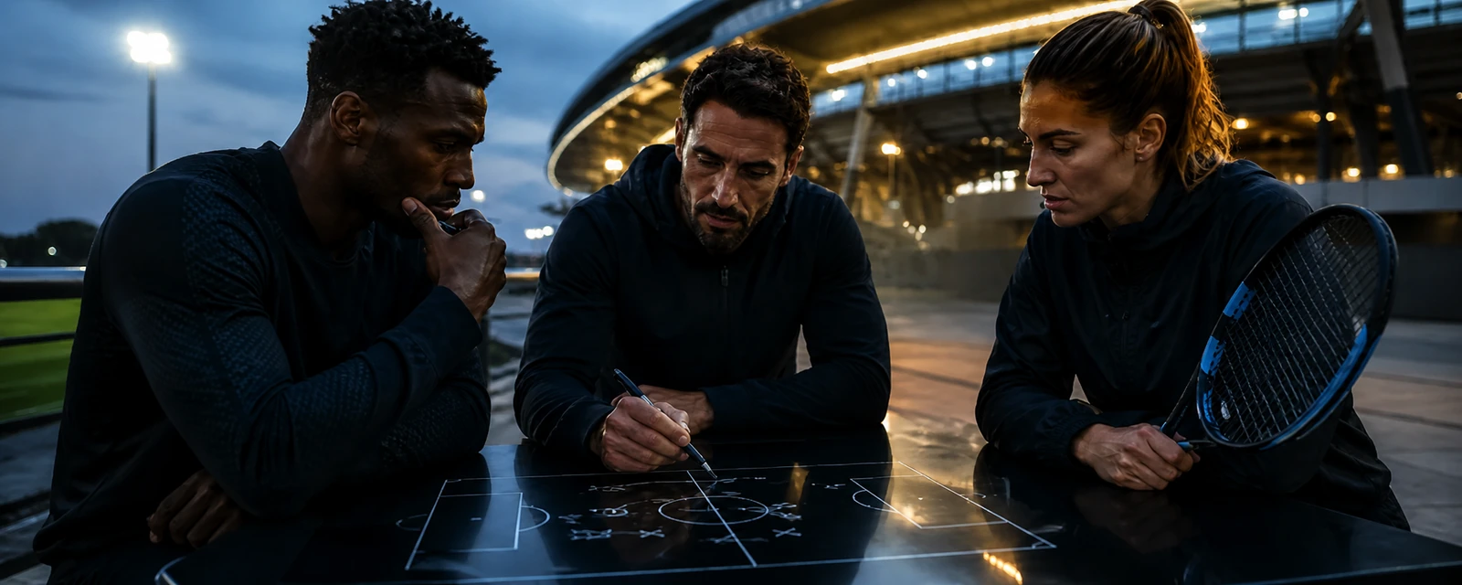 Atletas e treinador revisando um plano tático fora de um estádio