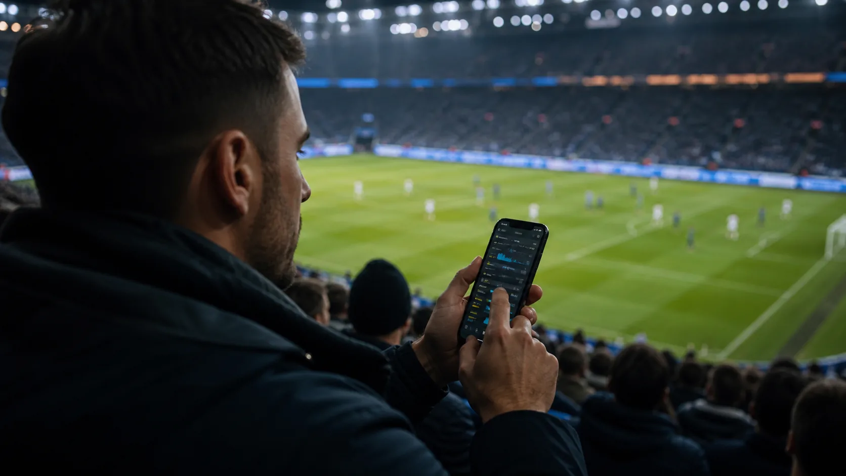 Fußballfan nutzt während eines Spiels einen mobilen Sportwettenanbieter